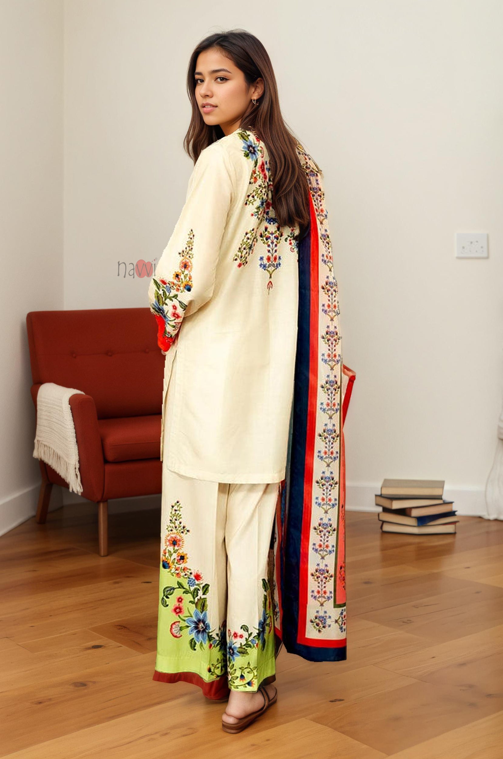 Statement Floral Print Kurta, Trouser & Dupatta Set