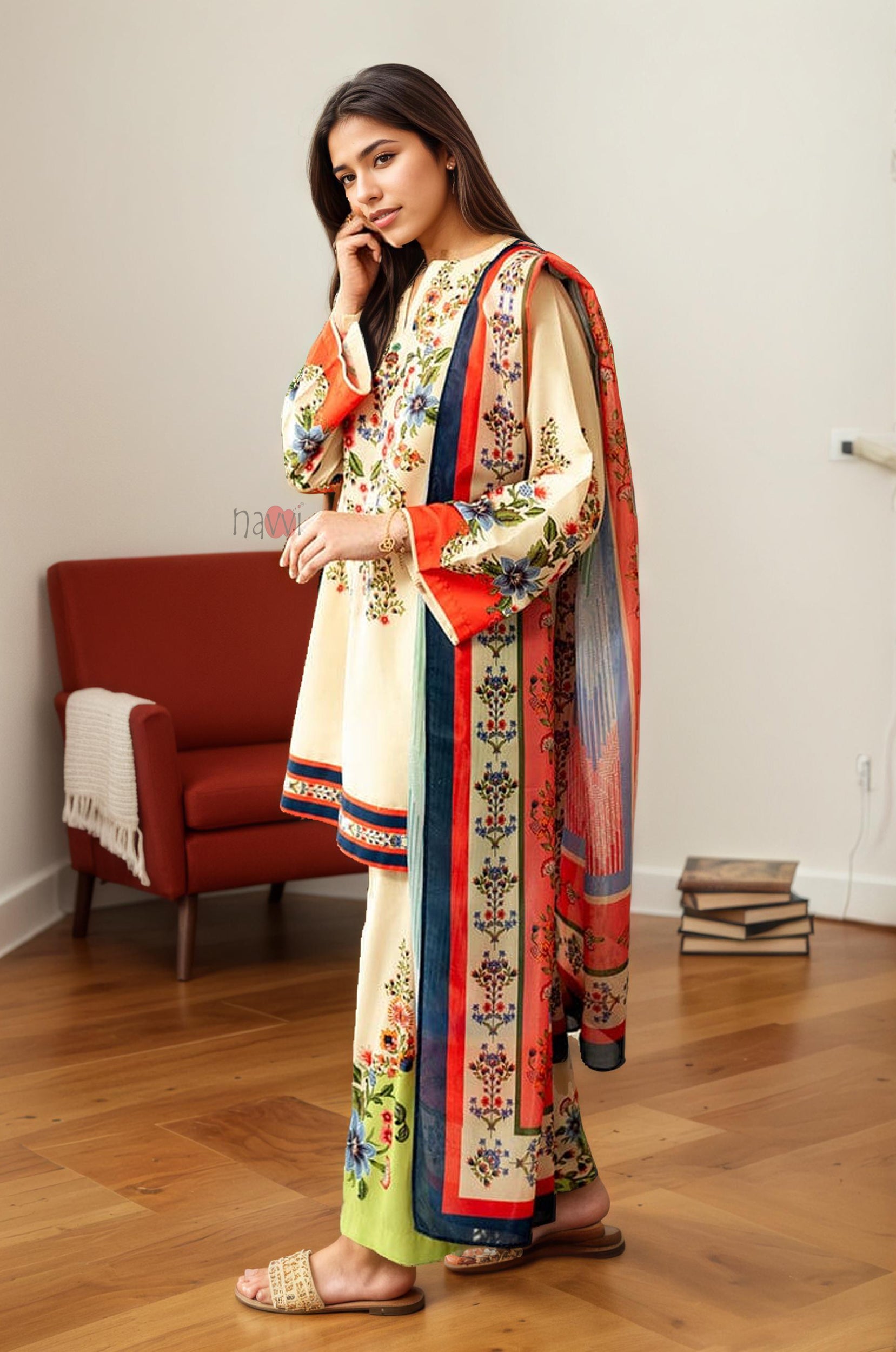 Statement Floral Print Kurta, Trouser & Dupatta Set