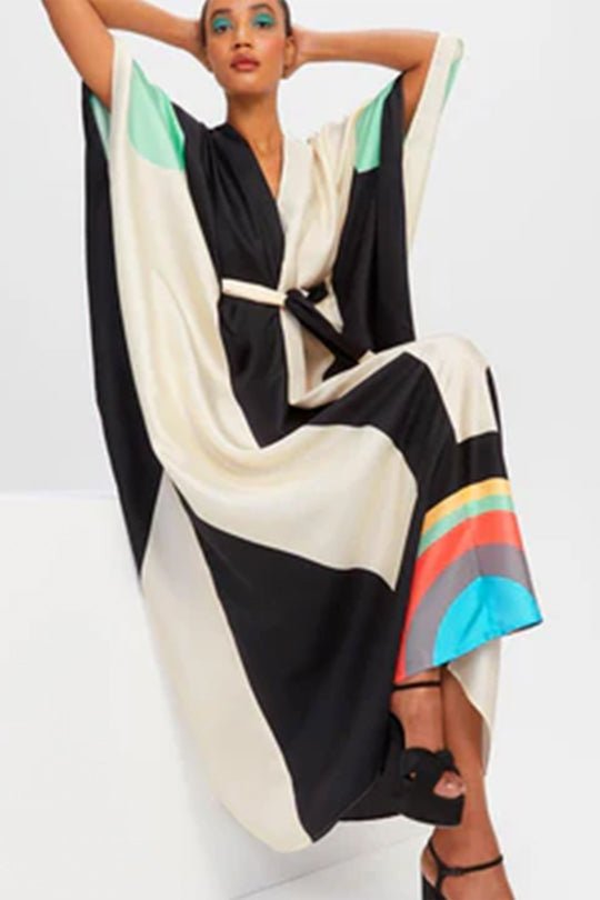 Belted Satin Silk Kaftan Dress - Navvi.in