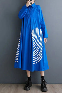 Blue Oversized Shirt Dress with Graphic Print - Navvi.in