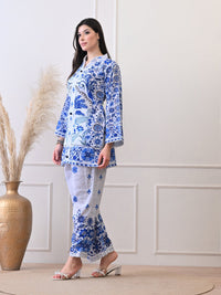 Blue & White Floral Printed Co - ord Set for Women - Navvi.in