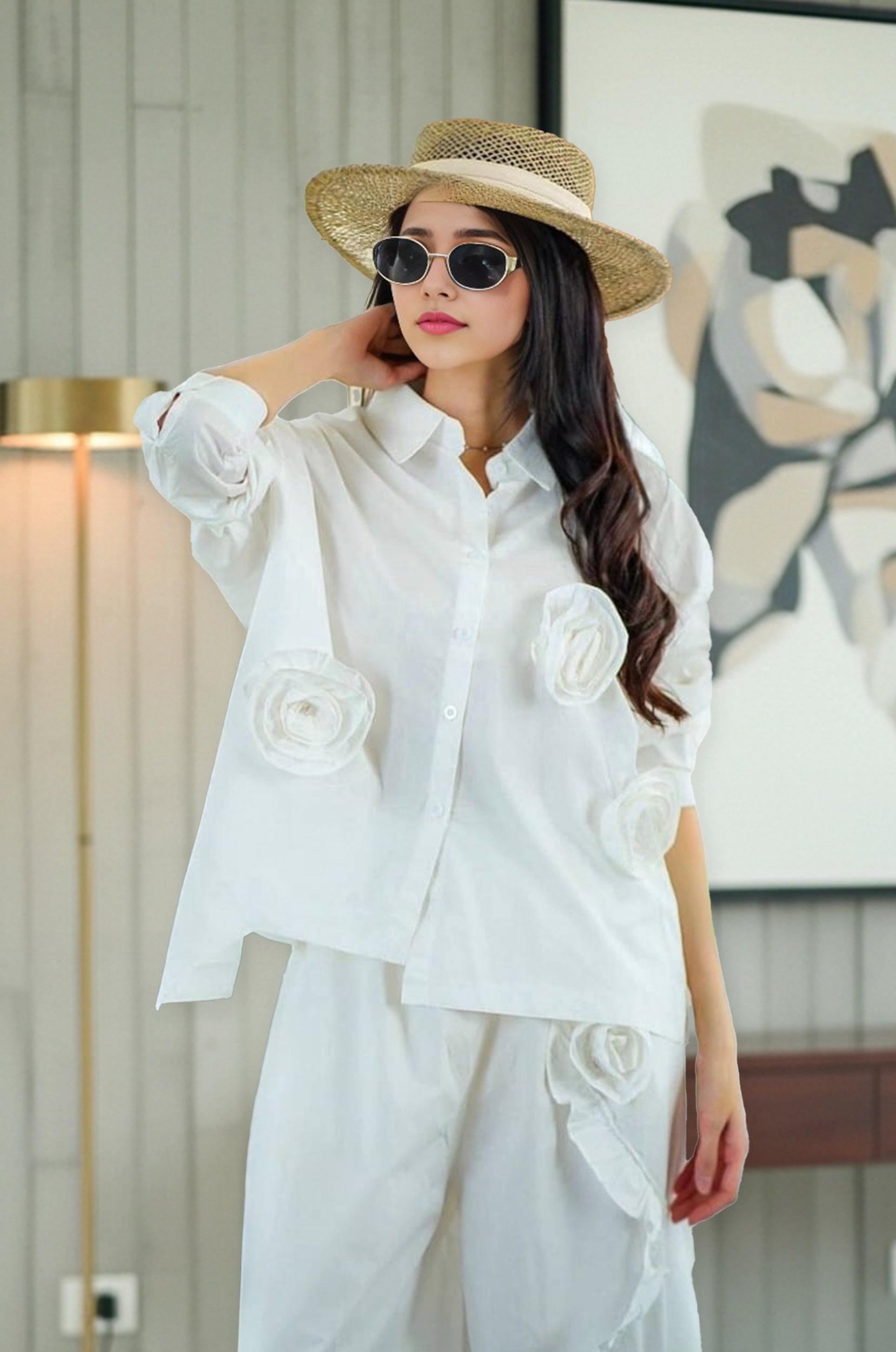 Elegant White 3D Floral Co-Ord Set