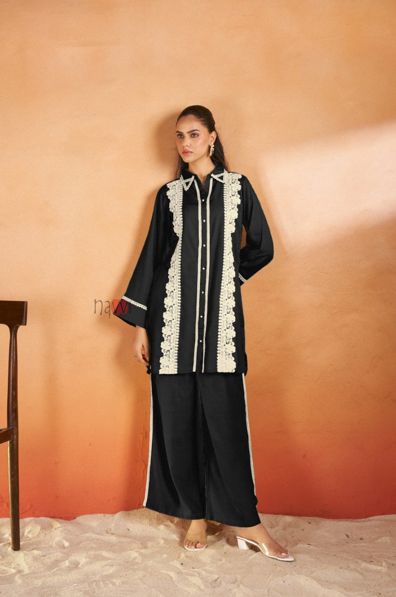 Elegant Coord Set with Contrast Lace Panels - Navvi.in