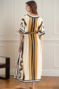 Elegant Mustard & Black Striped Kaftan Dress with Belt