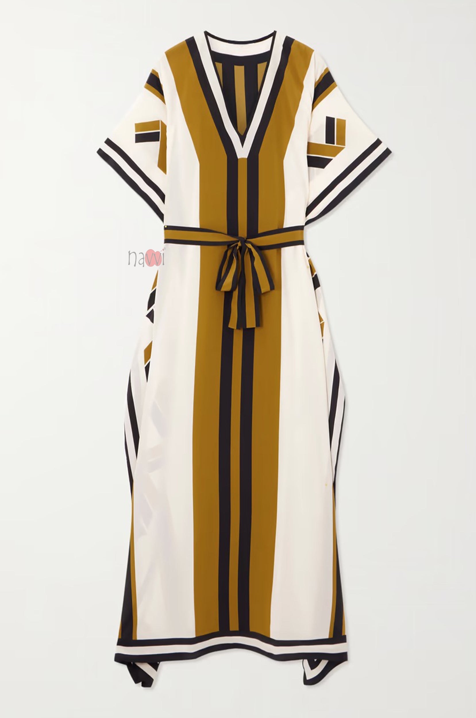 Elegant Mustard & Black Striped Kaftan Dress with Belt