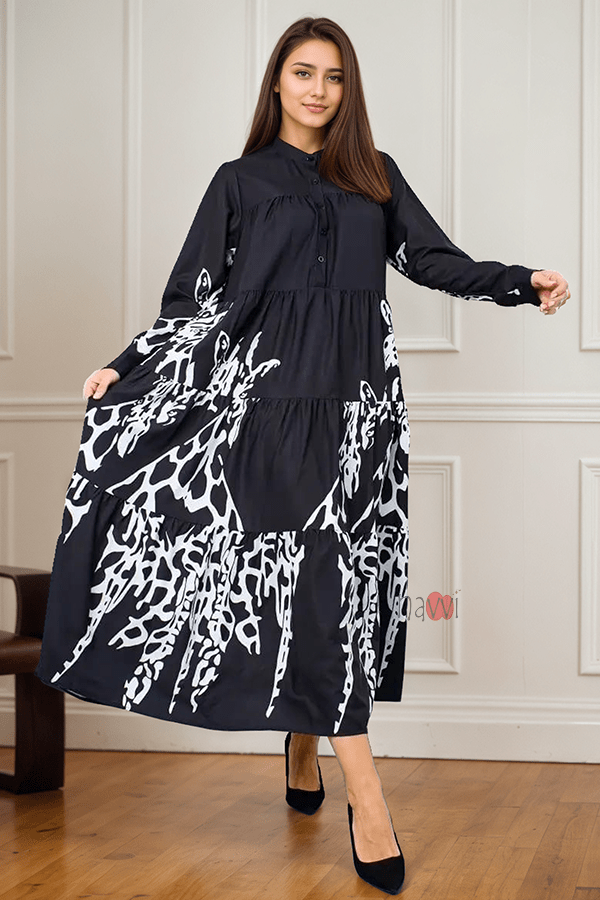 Flowy Monochrome Tiered Long Shirt Dress