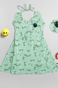 Green Floral Print Summer Dress - Navvi.in