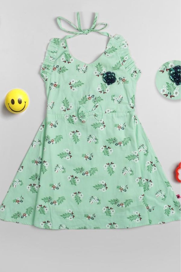 Green Floral Print Summer Dress - Navvi.in