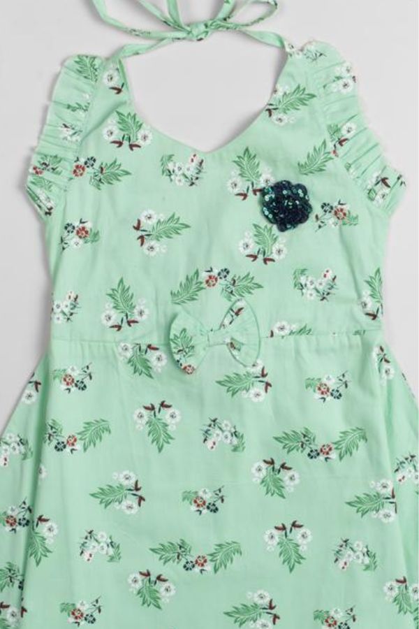 Green Floral Print Summer Dress - Navvi.in