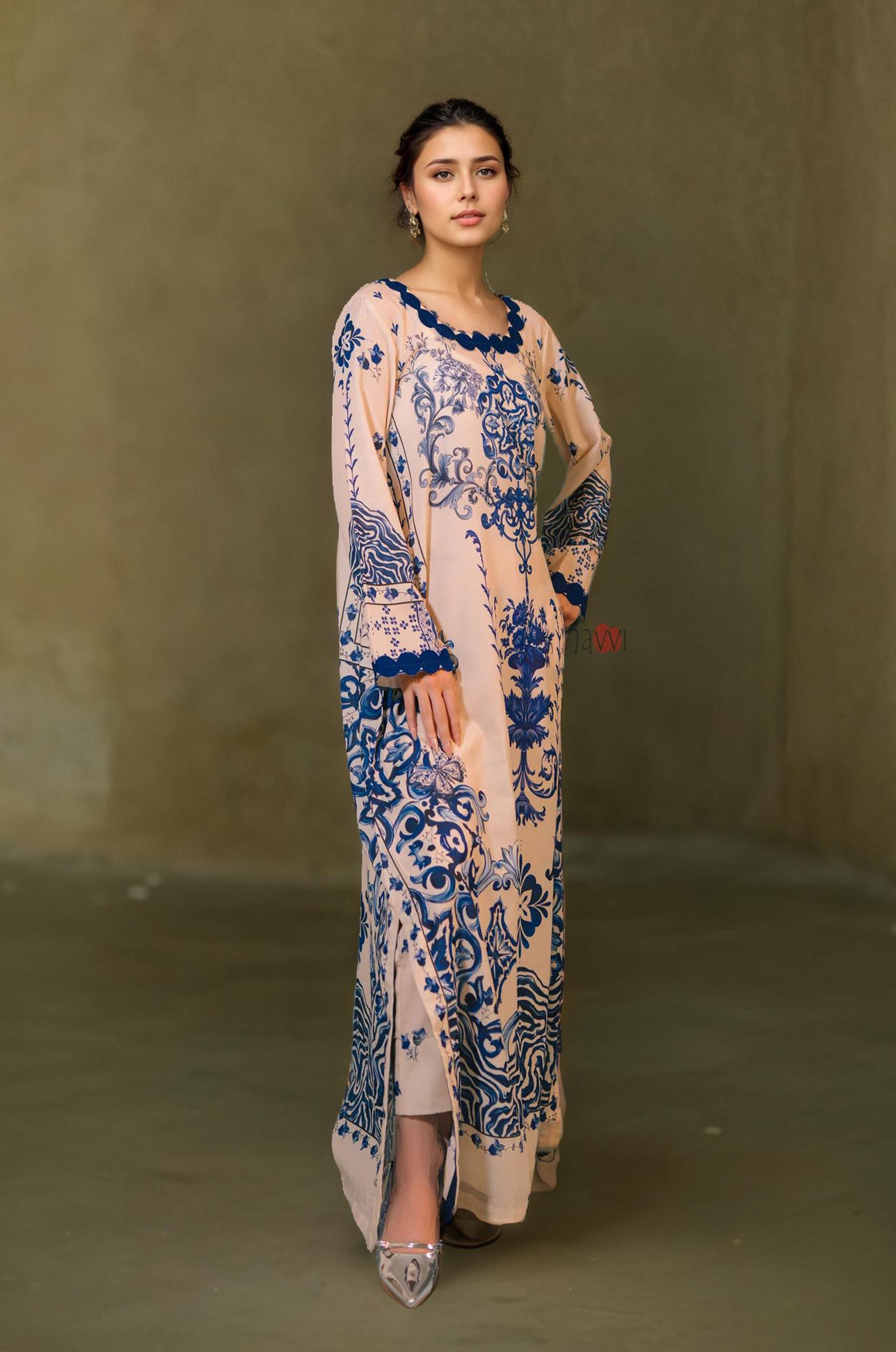 Classic Beige Kaftan with Blue Detailing