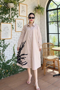 Beige Oversized Graphic Print Shirt Dress