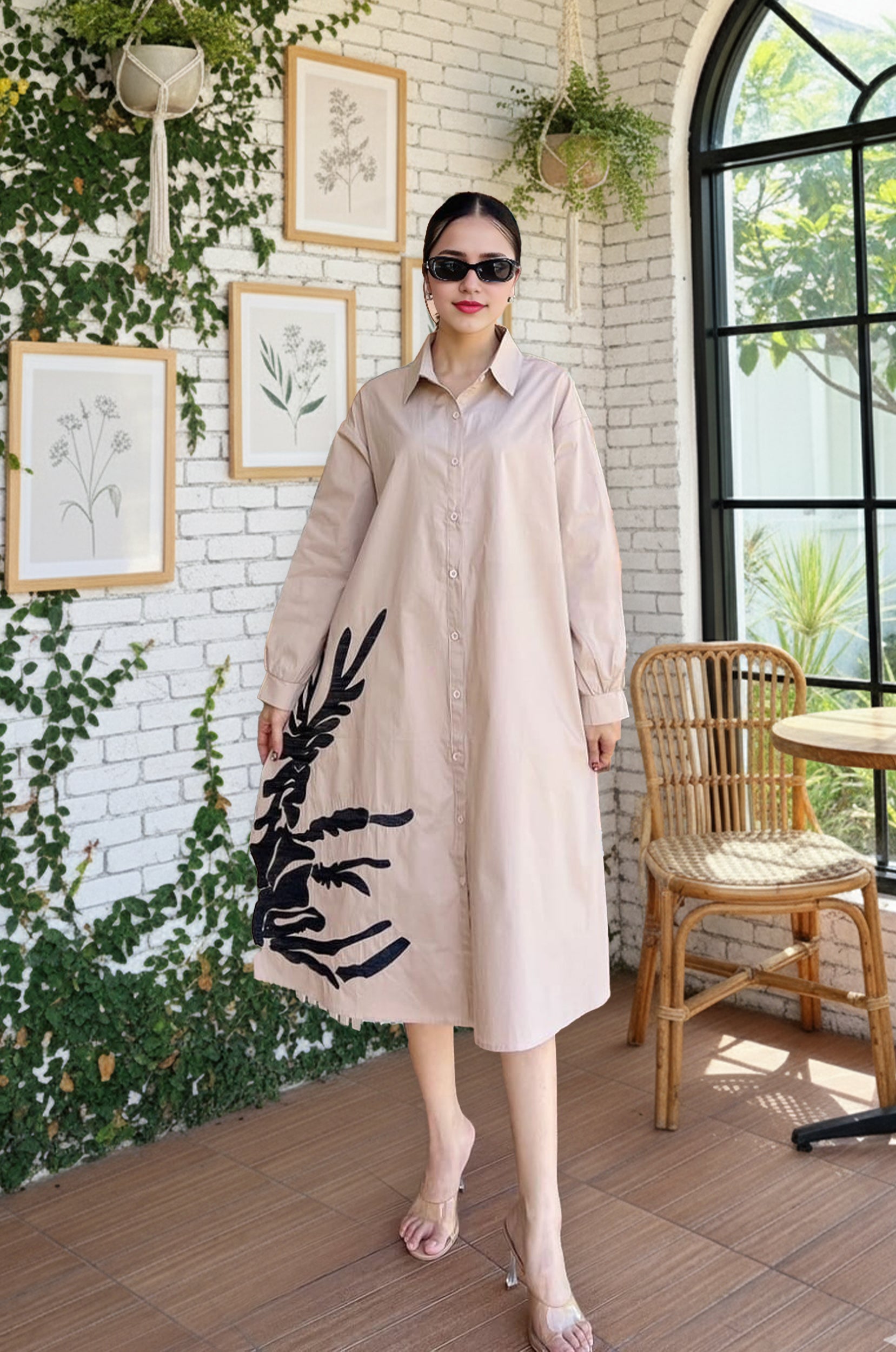 Beige Oversized Graphic Print Shirt Dress