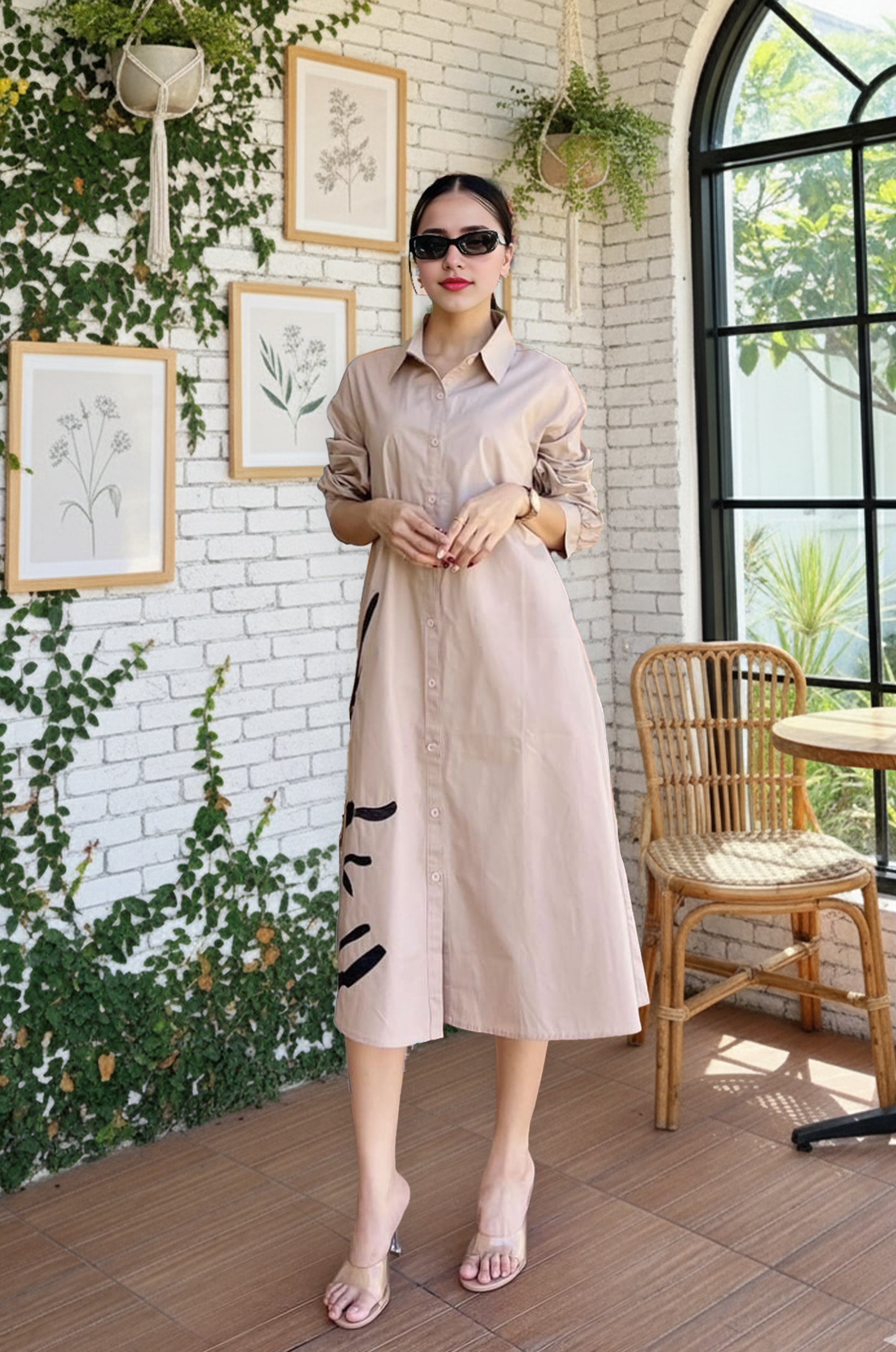 Beige Oversized Graphic Print Shirt Dress