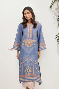 Blue Printed Long Kurta with Pastel Motifs