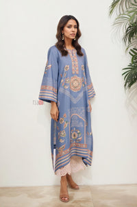 Blue Printed Long Kurta with Pastel Motifs