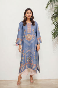 Blue Printed Long Kurta with Pastel Motifs