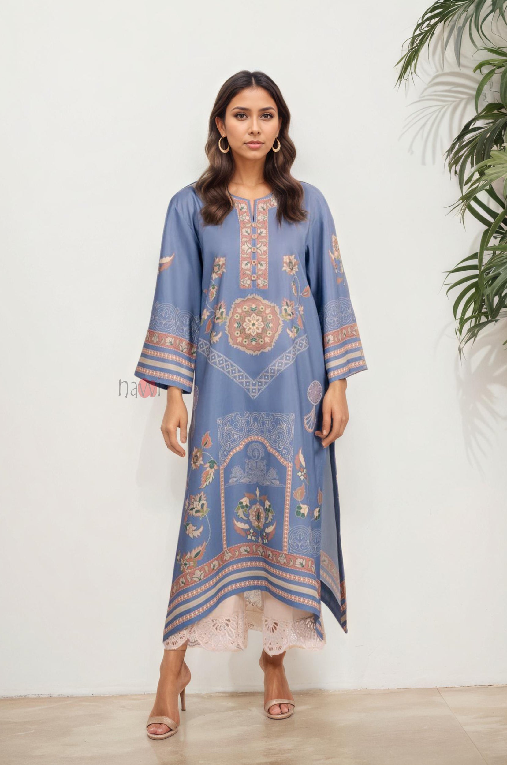 Blue Printed Long Kurta with Pastel Motifs