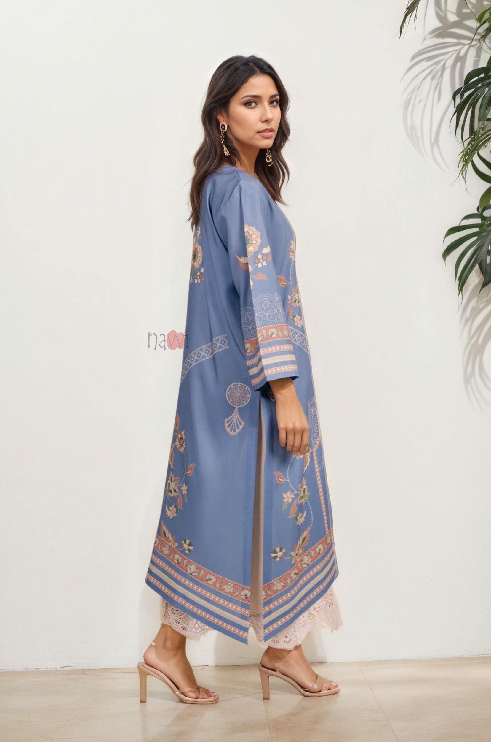 Blue Printed Long Kurta with Pastel Motifs