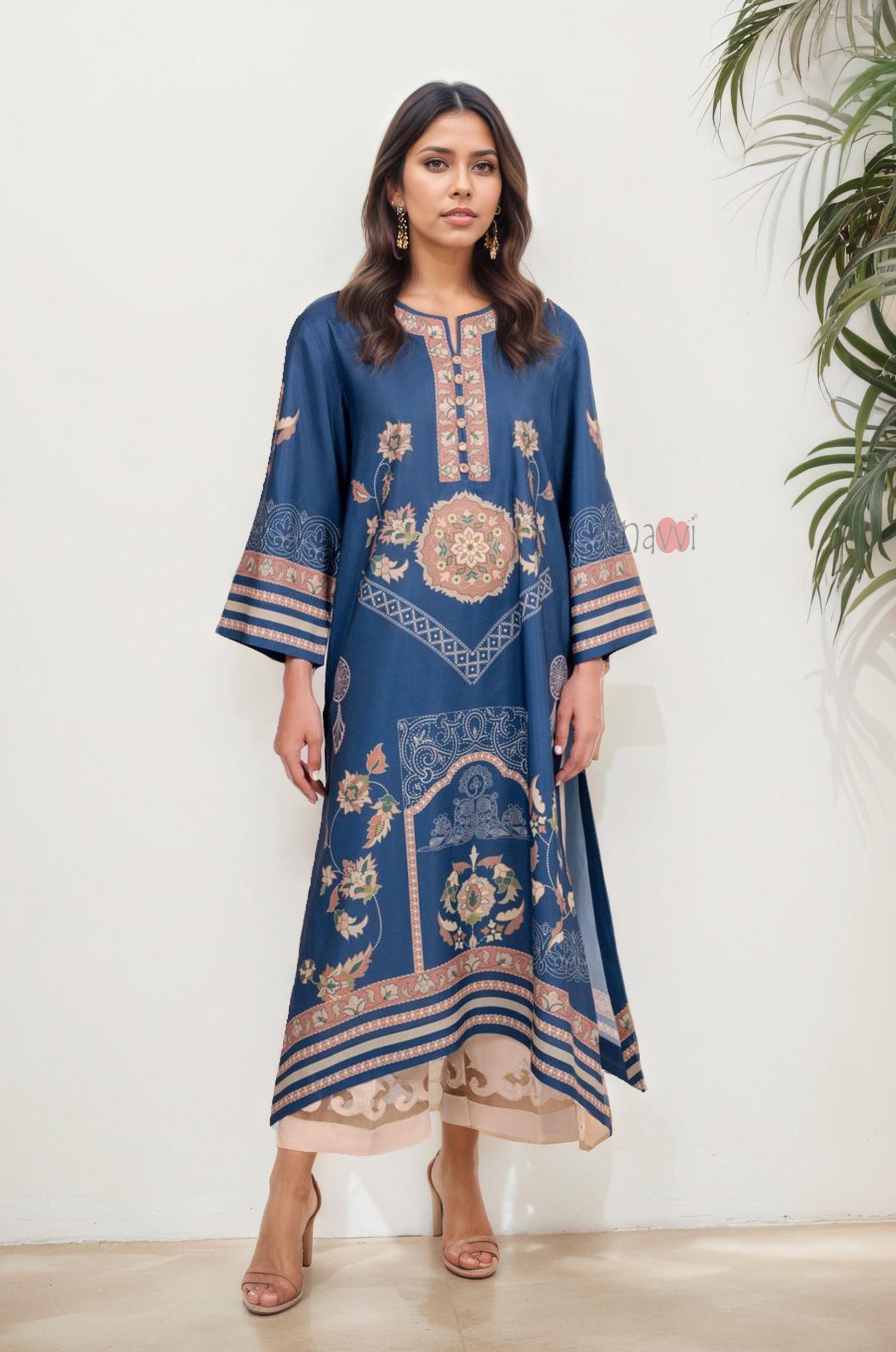 Blue Printed Long Kurta with Pastel Motifs
