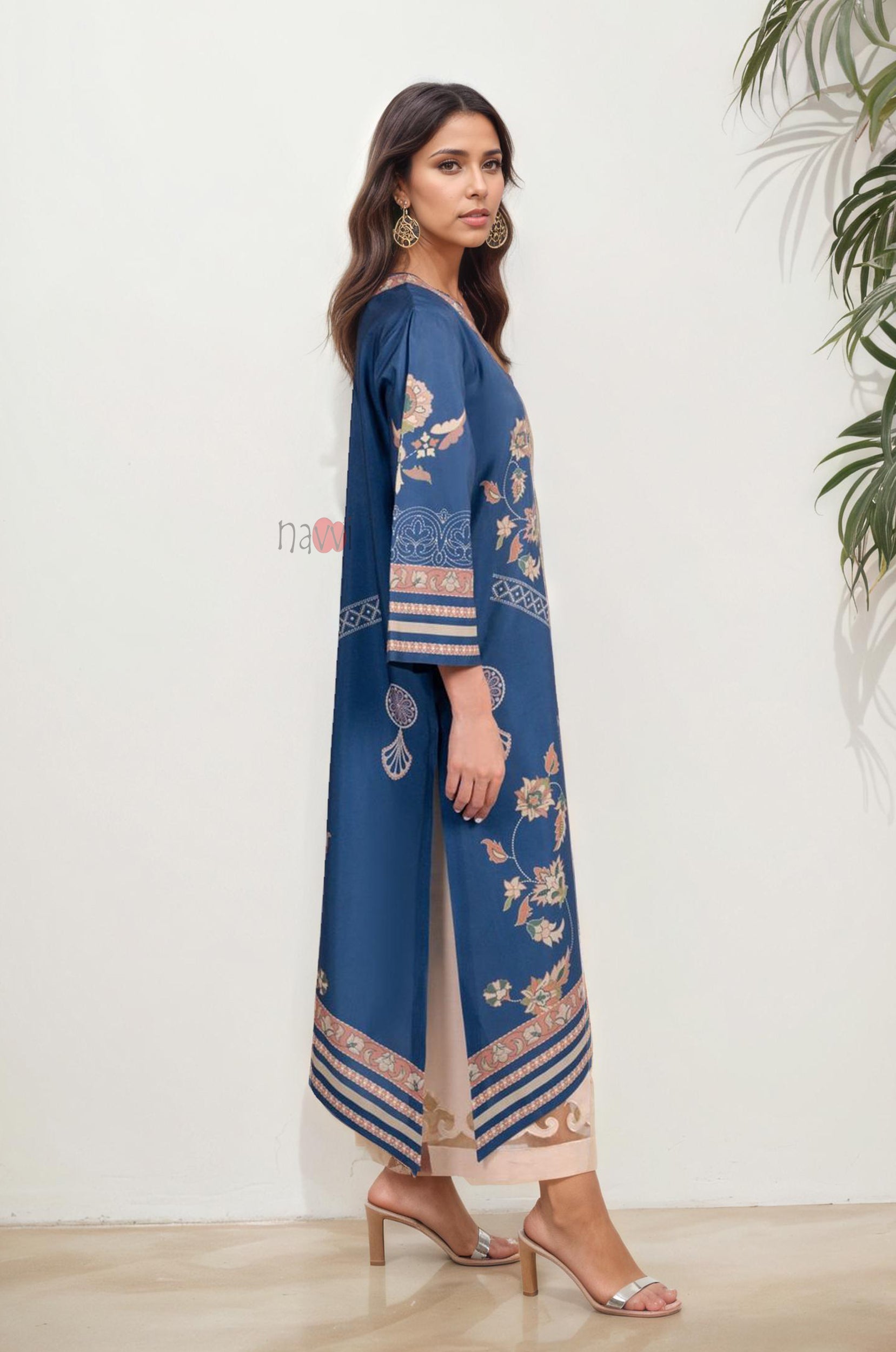 Blue Printed Long Kurta with Pastel Motifs