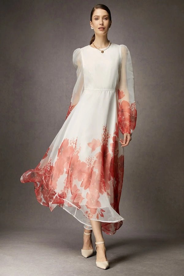 Organza Silk Ombre Printed Dress, Coral Red - Navvi.in