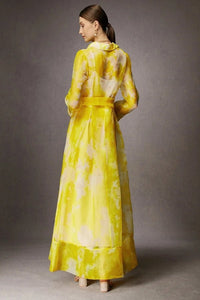 Organza Silk Yellow Printed Dress - Navvi.in