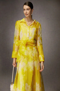 Organza Silk Yellow Printed Dress - Navvi.in
