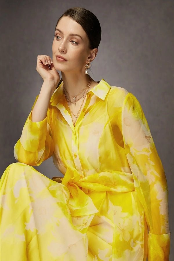 Organza Silk Yellow Printed Dress - Navvi.in