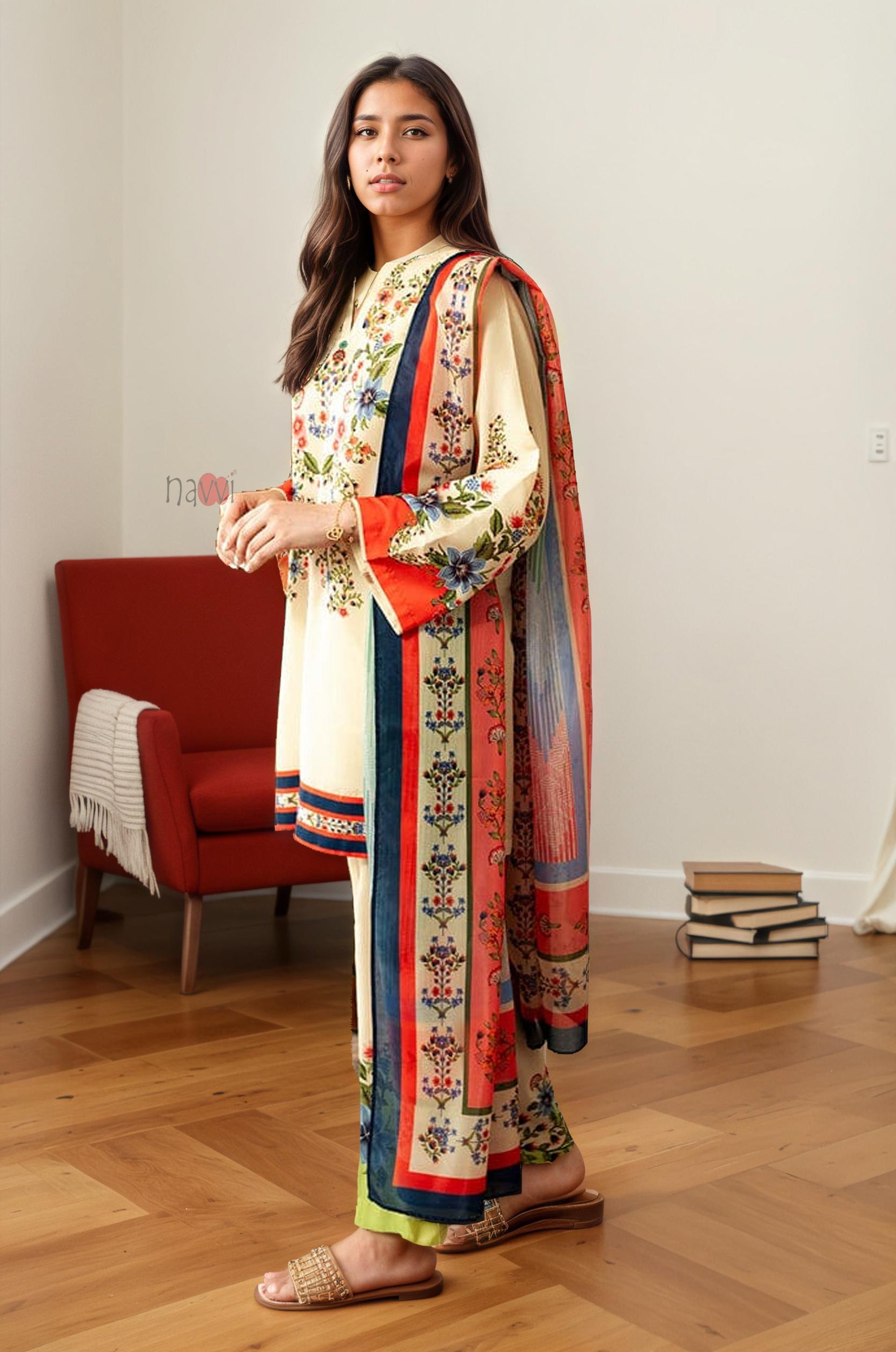 Statement Floral Print Kurta, Trouser & Dupatta Set