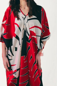 Red and White Palm Leaf Pattern Kaftan - Navvi.in