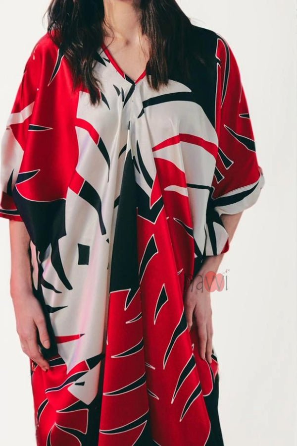 Red and White Palm Leaf Pattern Kaftan - Navvi.in