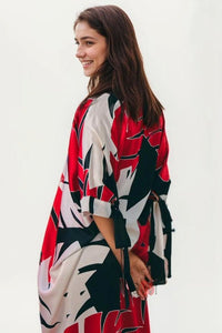 Red and White Palm Leaf Pattern Kaftan - Navvi.in