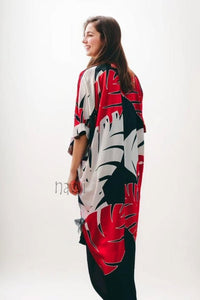 Red and White Palm Leaf Pattern Kaftan - Navvi.in