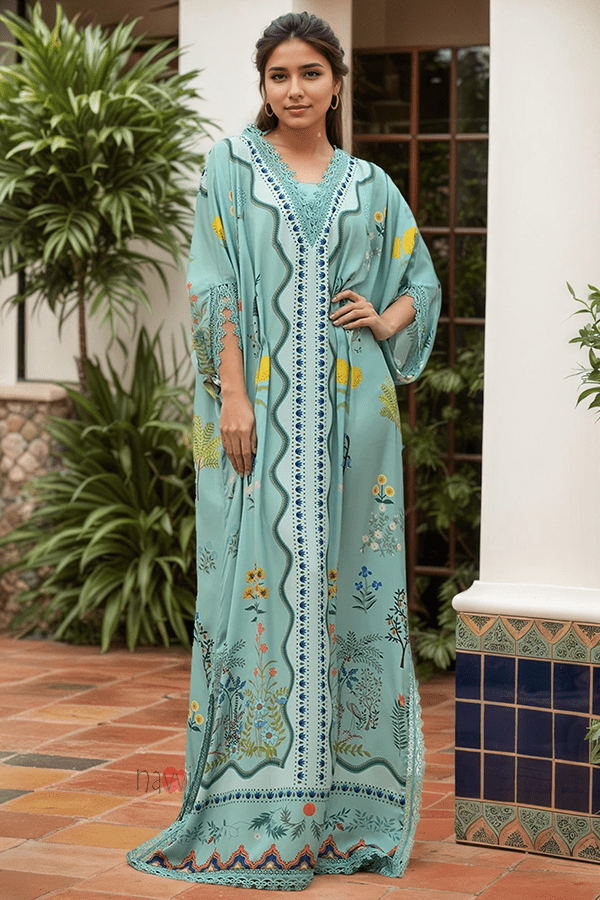 Rocco Print Turquoise Kaftan - Navvi.in