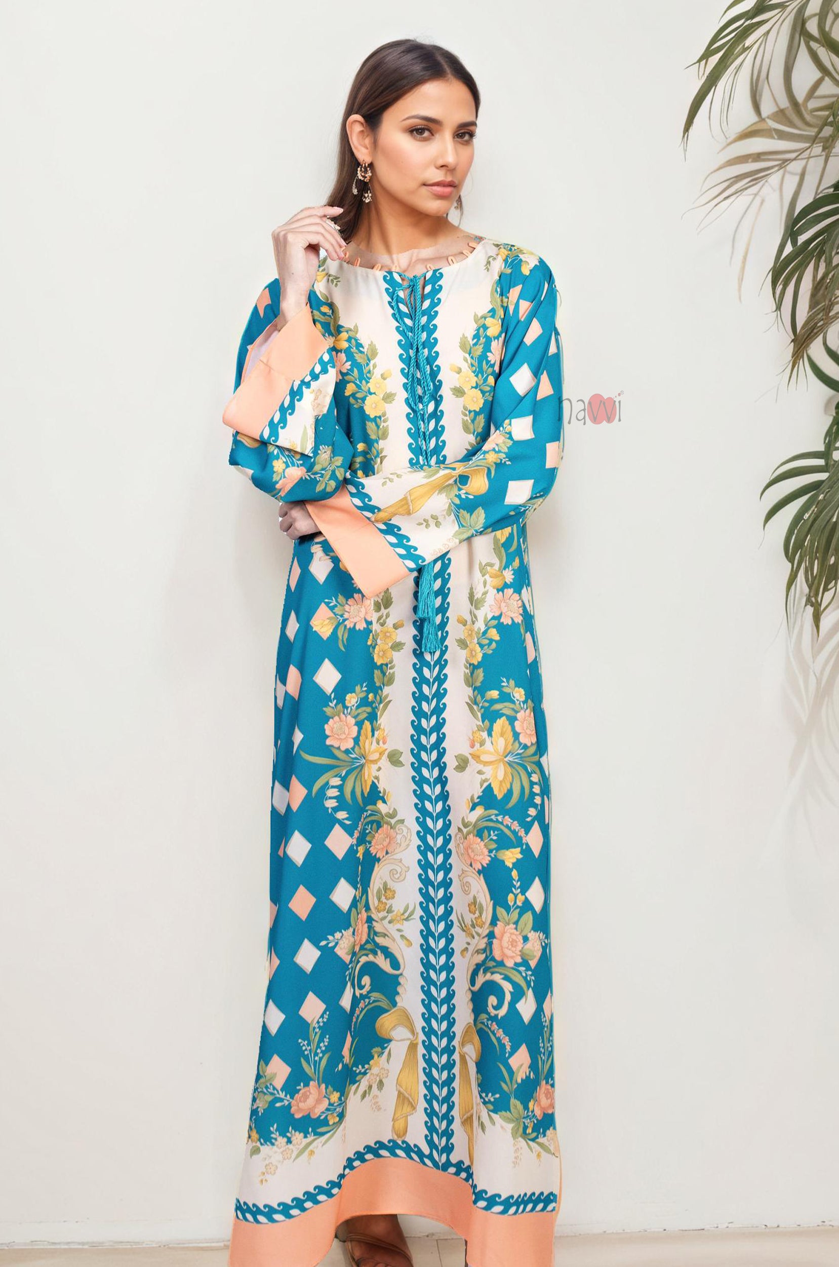 Statement Blue Floral Kaftan Dress