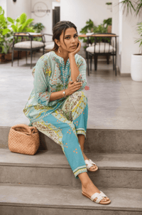 Seafoam Serenity - Floral Lawn Suit - Navvi.in