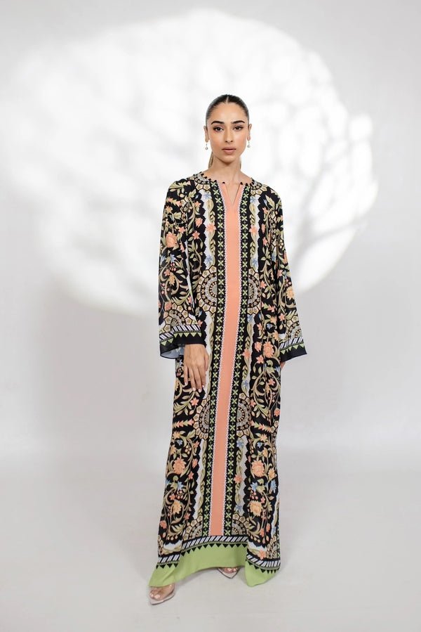 V - Neck Floral Print Long Kaftan Dress - Navvi.in