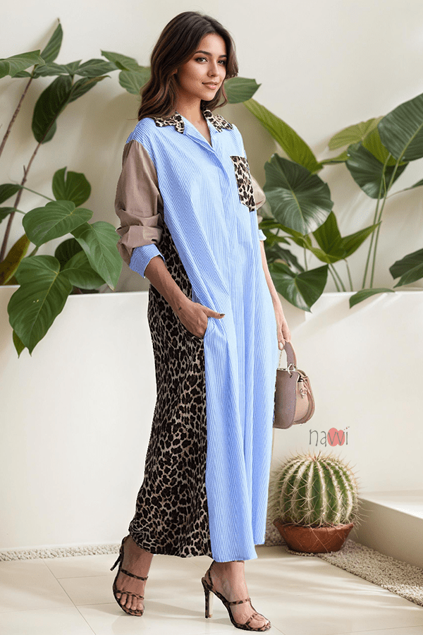 Wild Contrast Maxi Shirt Dress - Navvi.in