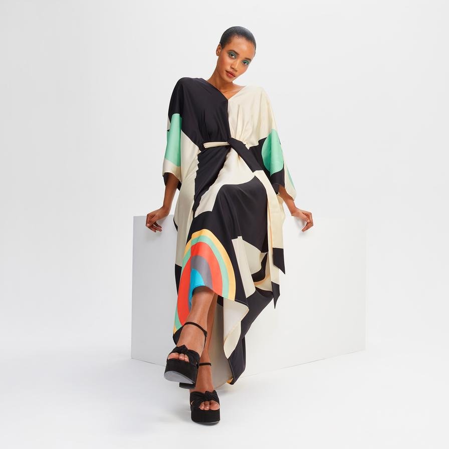 Belted Satin Silk Kaftan Dress - Navvi.in