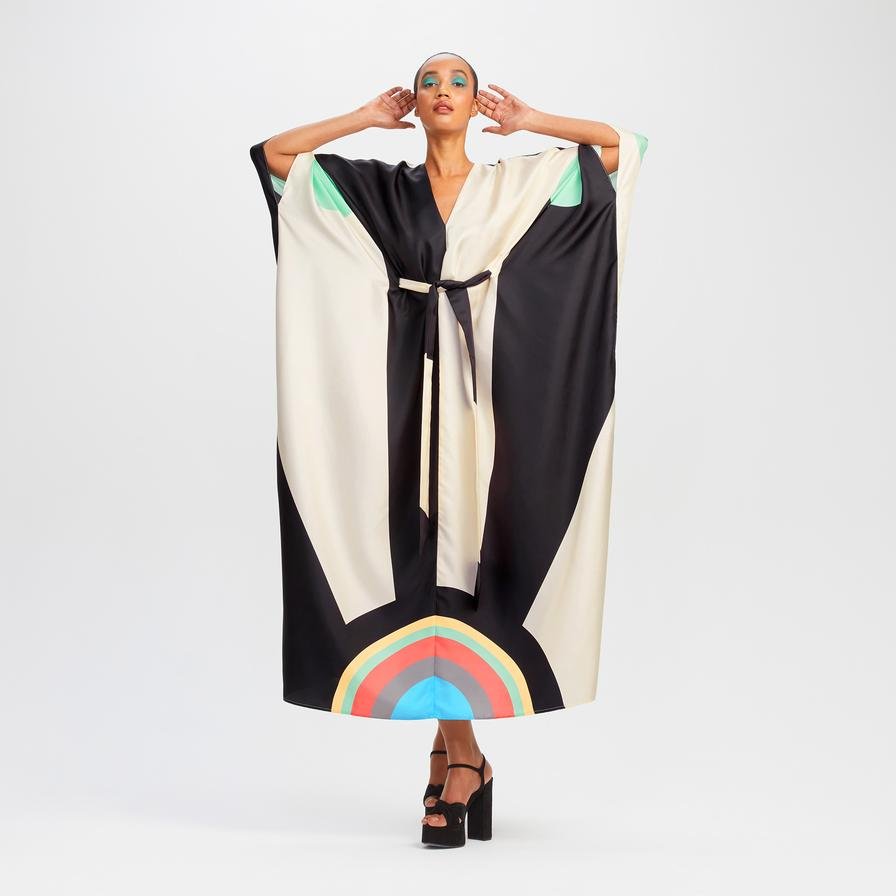 Belted Satin Silk Kaftan Dress - Navvi.in