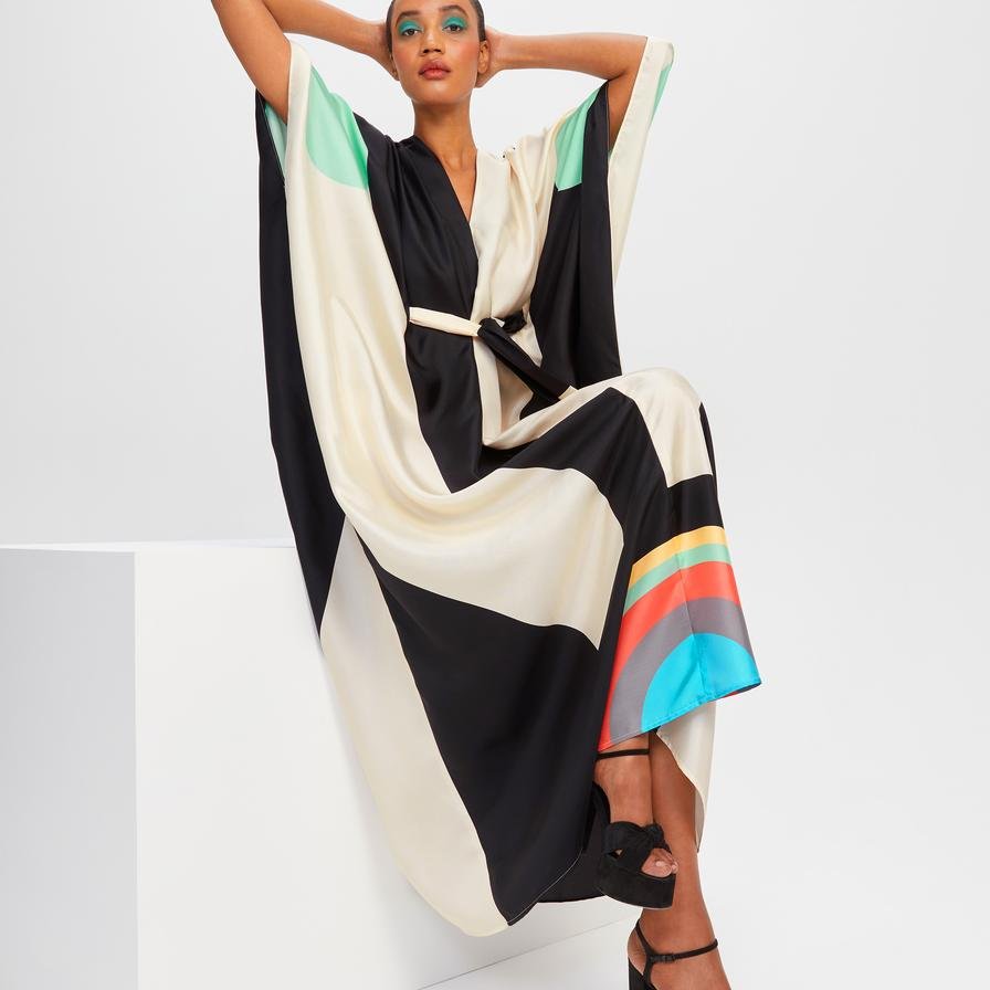 Belted Satin Silk Kaftan Dress - Navvi.in