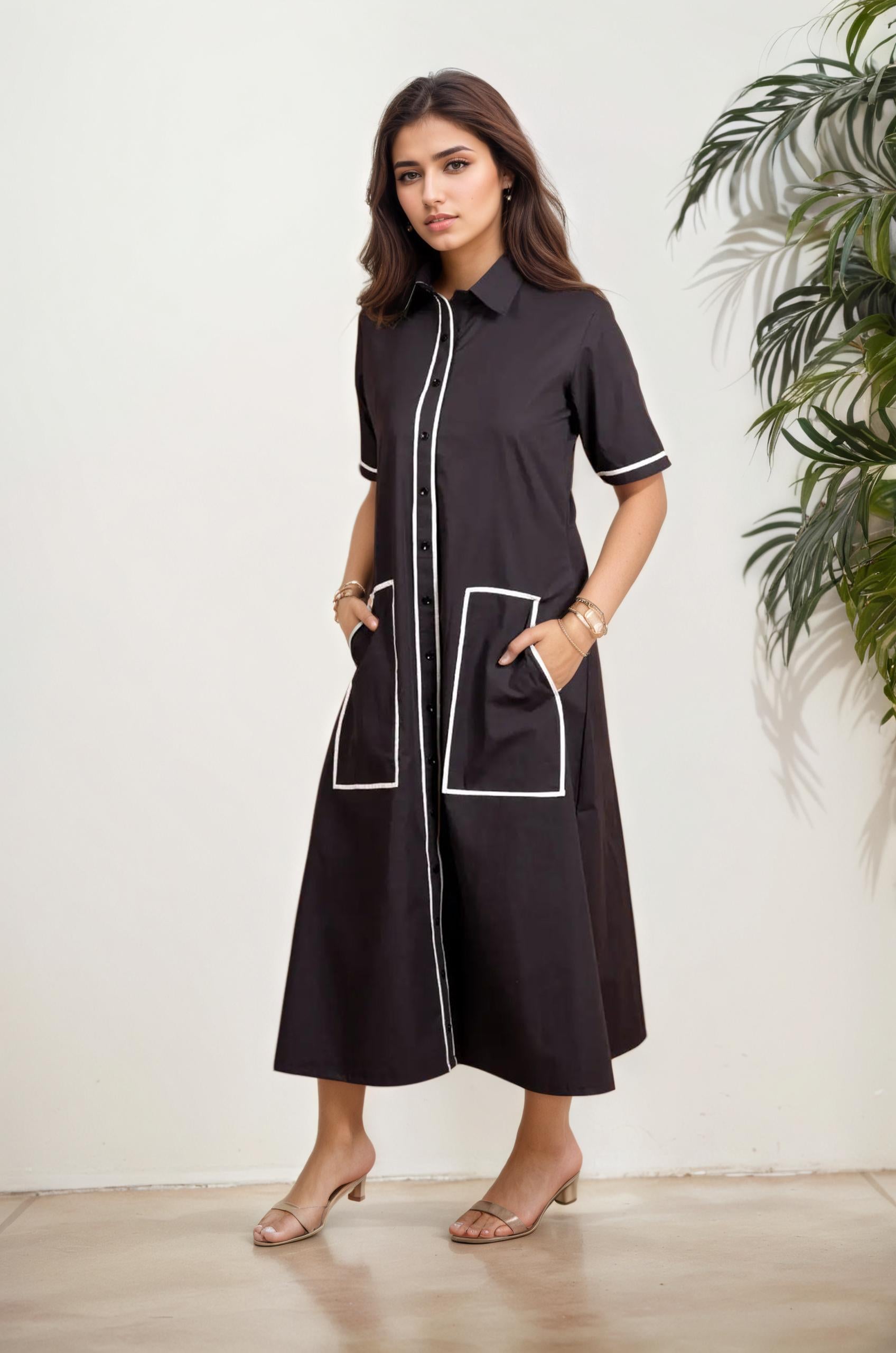 Contrast Piped Shirt Dress