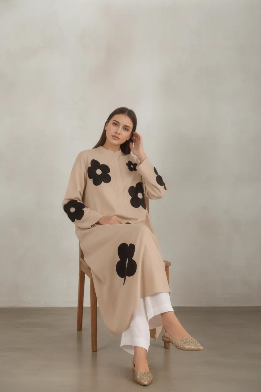 Beige Floral Printed Long Kurta