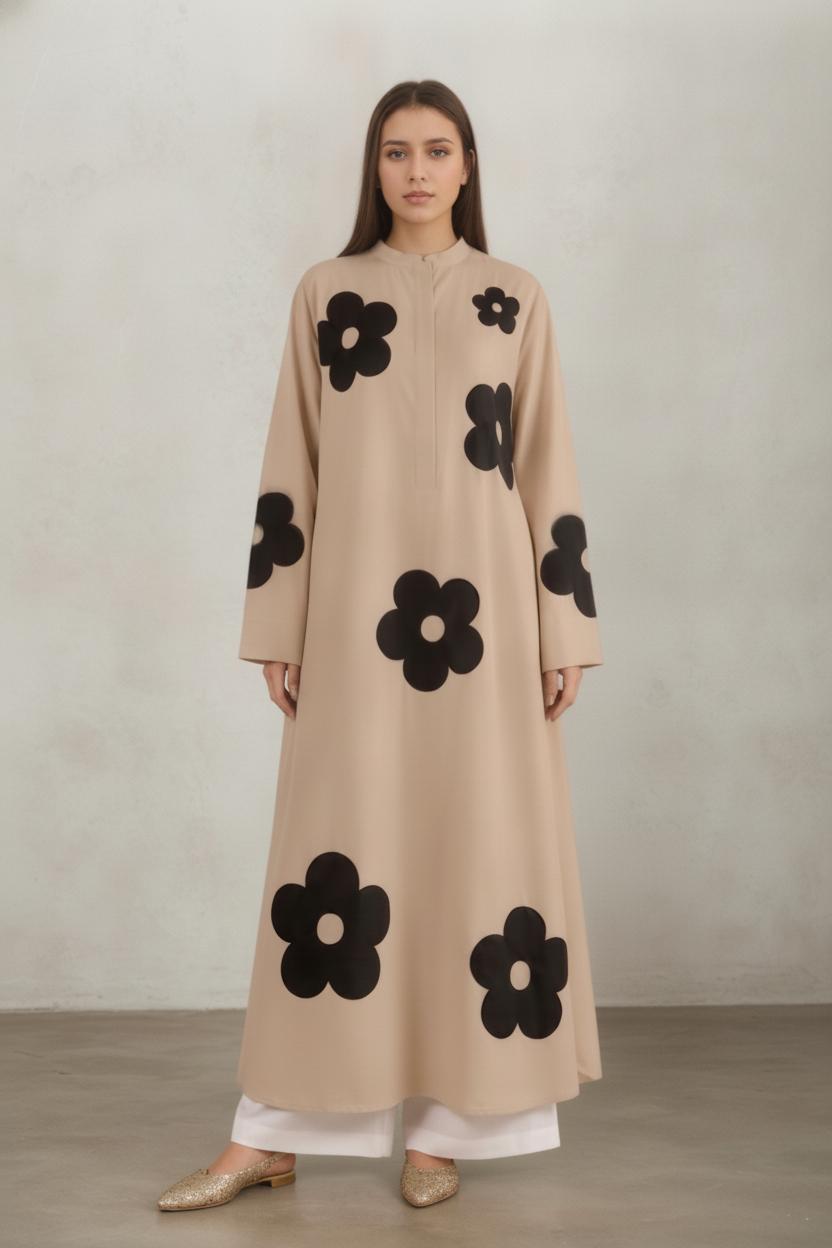 Beige Floral Printed Long Kurta
