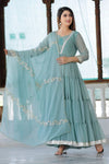 Sea Green Hand Block Printed Anarkali Set