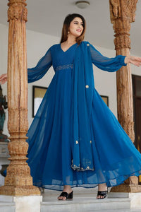 Sapphire Blue Hand Block Printed Anarkali Set