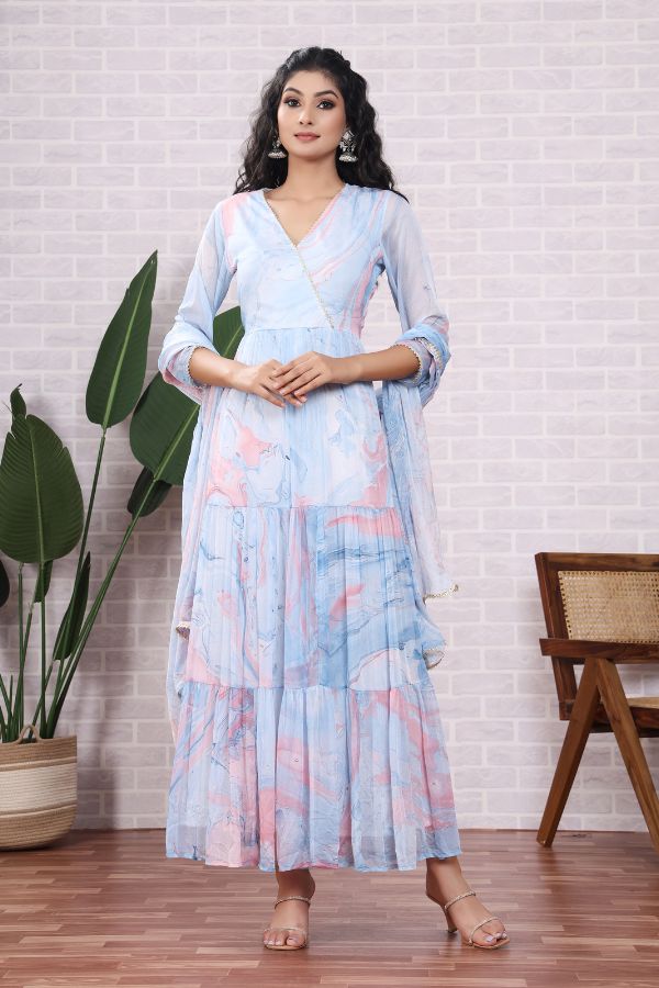 Sky & Pink Chiffon Marble Dye Dress