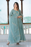 Sea Green Hand Block Printed Anarkali Set