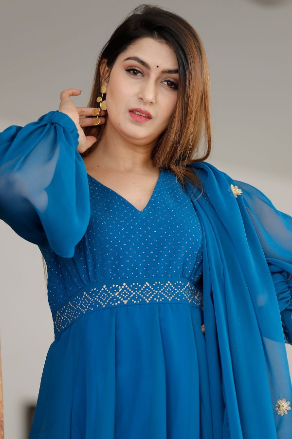 Sapphire Blue Hand Block Printed Anarkali Set