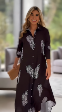 Leaf Printed Crepe Shirt Style Maxi Dress